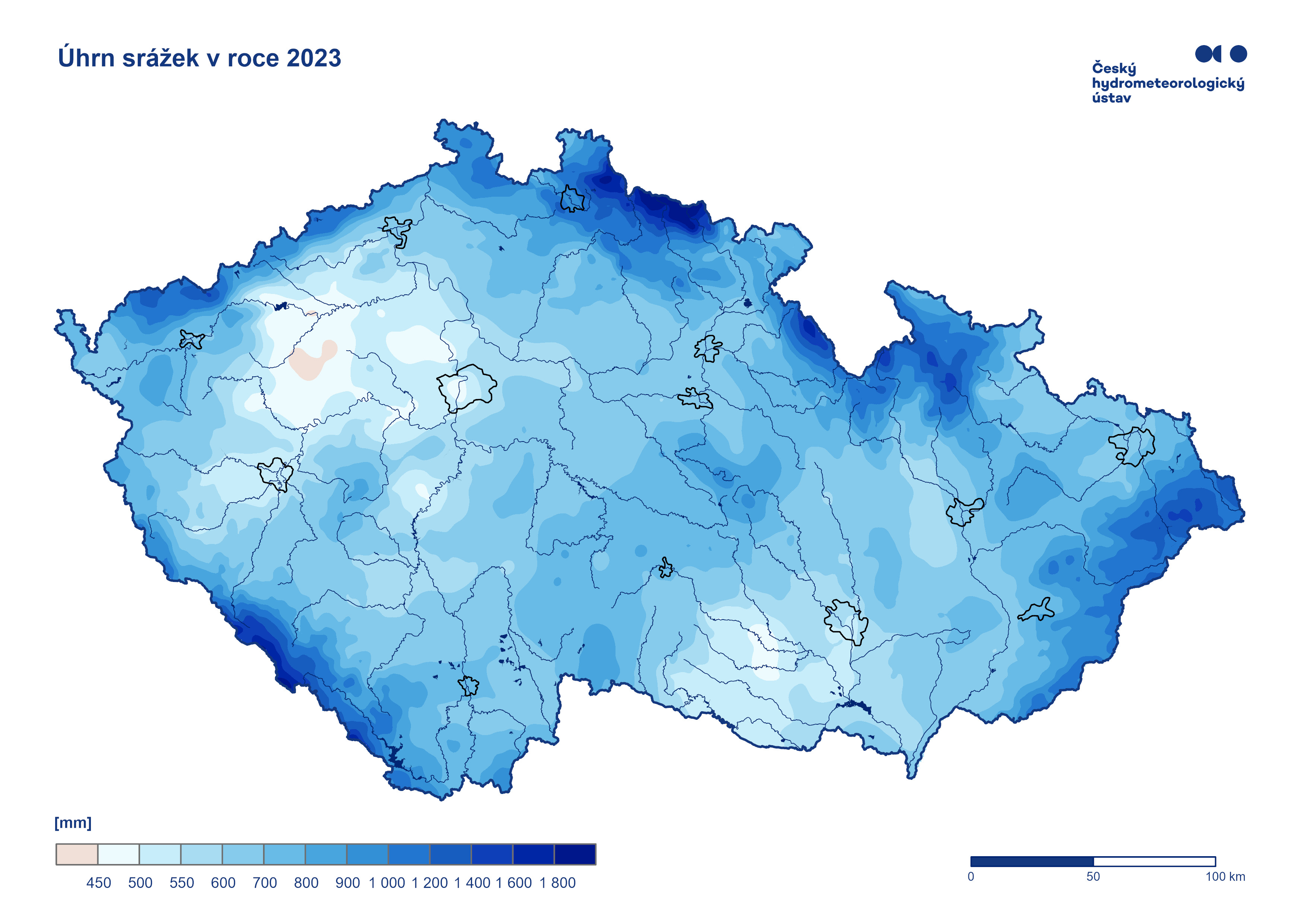 úhrn srážek v roce 2023 dle Českého hydrometeorologického ústavu