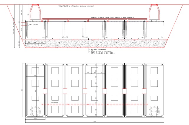Vsakovací nádrž pro vsakování dešťové vody o objemu 167 m3, db betonové jímky